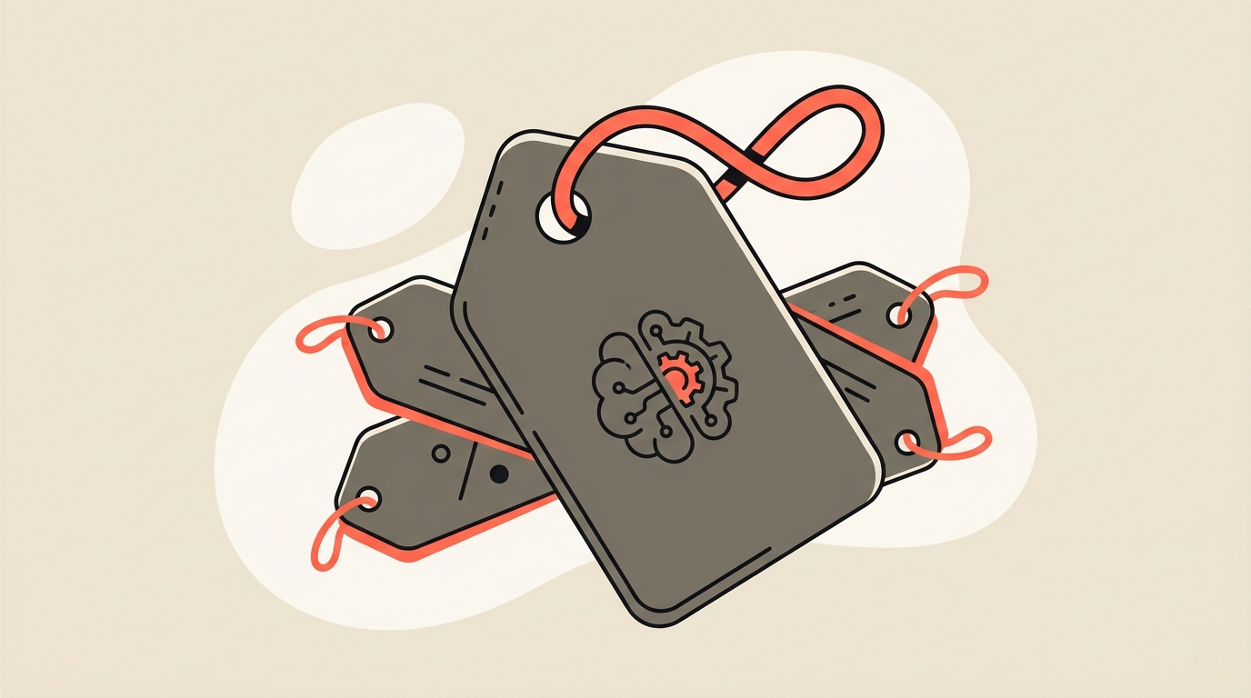 A price tag on an AI tool with extra hidden costs stacked behind it, representing the true total cost of AI
