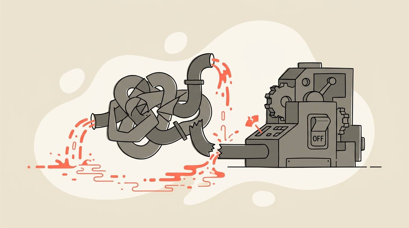 A broken pipeline of messy data leading to a stalled AI project, representing why AI projects fail